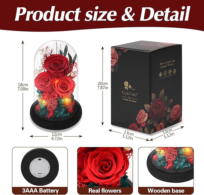 Casaido Preserved Roses Flowers for Delivery, Red Forever Flores in Glass Dome for Women Mom Wife Girlfriend Grandma, Eternal Rose Anniversary Birthday Gift for Mothers Day Valentines Christmas