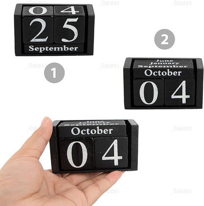 AUEAR, Wooden Block Perpetual Desk Calendar Desktop Cube Rustic Chic Number for Home Office Decoration (Black, 1 Pack)