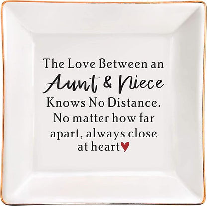 FACEINSE Aunt & Niece Jewelry Dish, Gifts for Aunt Birthday, Christmas, Mother's Day, Aunt Gifts from Niece, The Love Between Aunt & Niece Knows No Distance, Aunt and Niece Gift