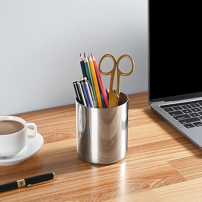 Silver Pen Holder for Desk, SUS304 Stainless Steel Heavy Duty Pen Holder Stand,Cylinder Pencil Holder,Desktop Stationery Organizer