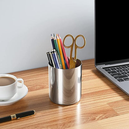 Silver Pen Holder for Desk, SUS304 Stainless Steel Heavy Duty Pen Holder Stand,Cylinder Pencil Holder,Desktop Stationery Organizer