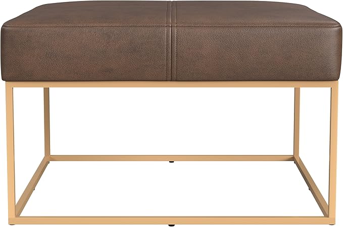 Homepop Decorative Large Square Gold Metal Ottoman | Ottoman Stool for Living Room & Bedroom | Decorative Home Furniture (Brown Faux Leather)