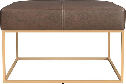 Homepop Decorative Large Square Gold Metal Ottoman | Ottoman Stool for Living Room & Bedroom | Decorative Home Furniture (Brown Faux Leather)