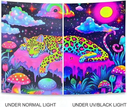 seewan Black Light Sleeping Leopard Tapestry, Glow-in-the-Dark UV Neon Rainbow Clouds and Stars Wall Hanging, Psychedelic Animal Art Tapestry, Bedroom Dorm Living Room Background Decor