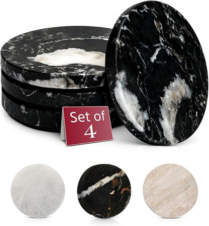 Gusto Nostro Black Marble Coasters Set of 4 - Luxury Natural Stone Coasters for Drinks - Genuine Marble Kitchen Accessories, Round Artisanal Stone Coaster for Kitchen Counter, Coffee Table, Home Decor
