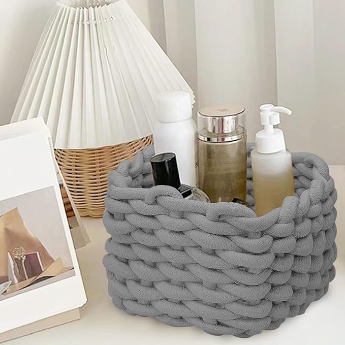Small Woven Basket, Gray Small Basket Mini Cotton Rope Baskets for Little Items, Square Cute Baskets for Baby Room, Nursery, Bedroom