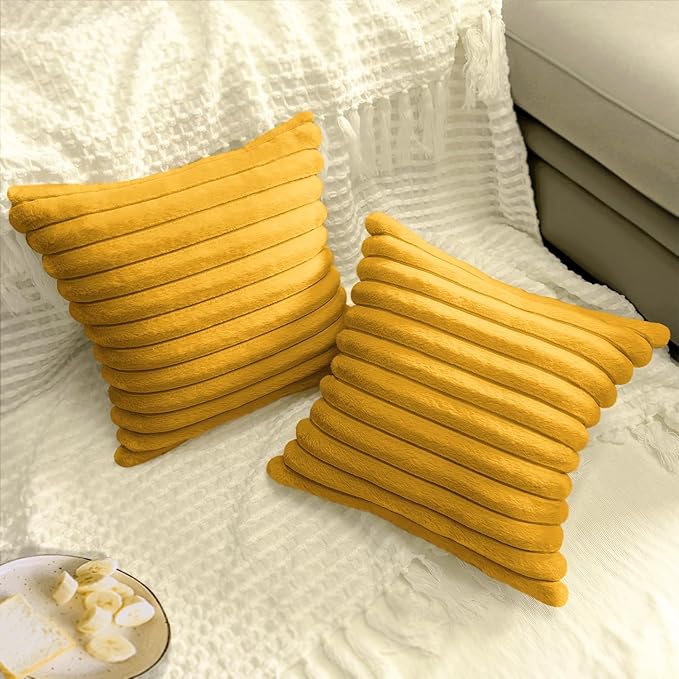 2 Pack 16x16 Pillow Cover Velvet Pillow Covers, Faux Fur Square Throw Pillow Covers for Living Room Decorations Throw Pillow Case, Throw Pillow Cover Cushion Cover for Sofa Bedroom Car, Mustard Yellow