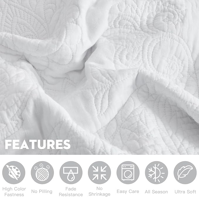 HZ & HY Queen Size Bedspread, Quilted Coverlet Bedding Set, Lightweight Thin Comforter, Reversible, Luxurious, 5 Piece, 100% Microfiber, Queen, White