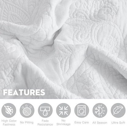 HZ & HY Queen Size Bedspread, Quilted Coverlet Bedding Set, Lightweight Thin Comforter, Reversible, Luxurious, 5 Piece, 100% Microfiber, Queen, White