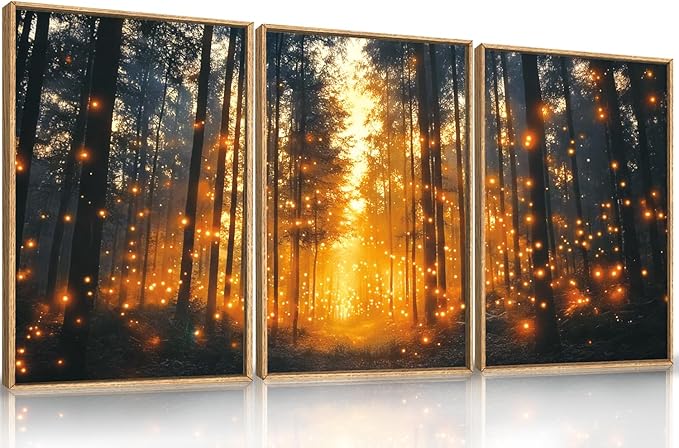 Magical Firefly Forest Framed Canvas Wall Art Set,Enchanted Night Nature Mystical Woodland Wall Decor,Whimsical Orange Twinkling Black Tree Art Print for Living Room, Bedroom, Office- 16"x24"x3