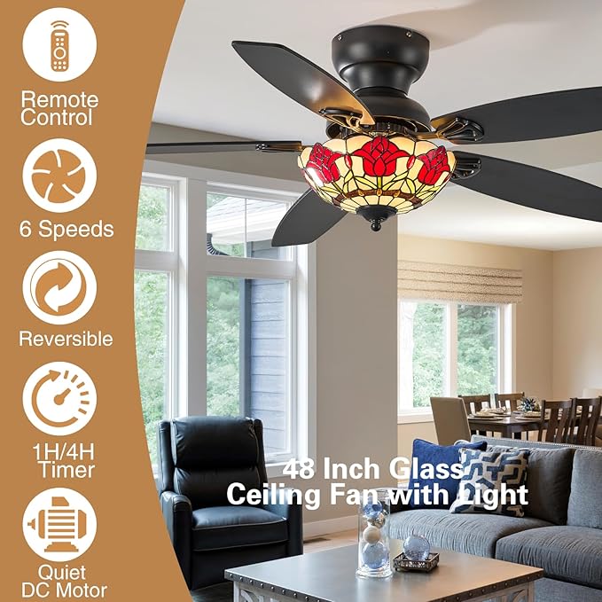 Tiffany Ceiling Fans with Lights - 48" Ceiling Fan Chandelier with 5 Dual-Blades and Glass Shade, 6 Speeds and Reversible, Indoor and Outdoor, Retro Style