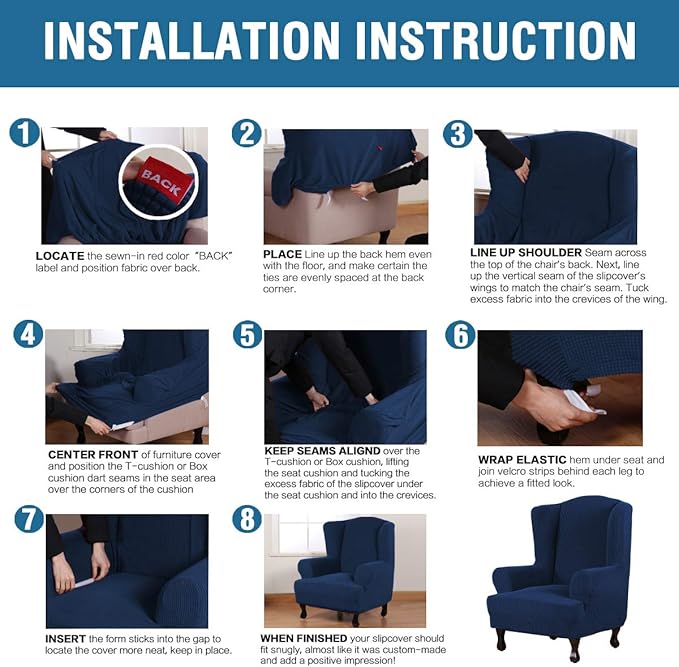 H.VERSAILTEX Wing Chair Slipcover Chair Covers for Wingback Chairs Wingback Chair Covers Slipcovers 1 Piece Stretch Sofa Cover Furniture Protector Soft Spandex Jacquard Checked Pattern, Navy