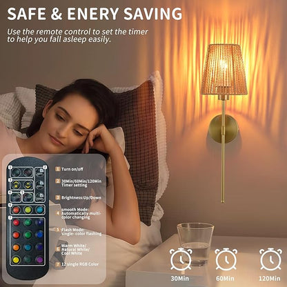 Battery Operated Wall sconces Set of Two,Rattan Shade Gold with Remote Rechargeable Light Bulbs,dimmable RGB,Living Room,Bedroom,Hallway,Bathroom can be Used