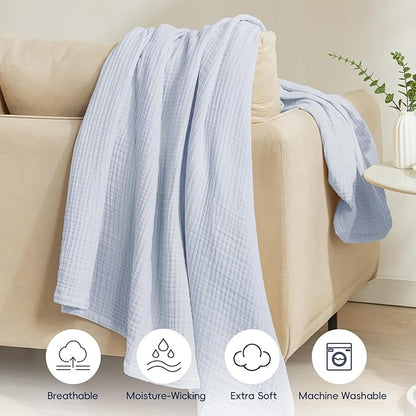 PHF 100% Cotton Muslin Throw Blanket 50" x 60", 4-Layer Lightweight Gauze Throw, Breathable Cloud-Soft Minimalist Blanket for Bed, Couch, Camping & Baby, Ancient Water, Ideal Gift