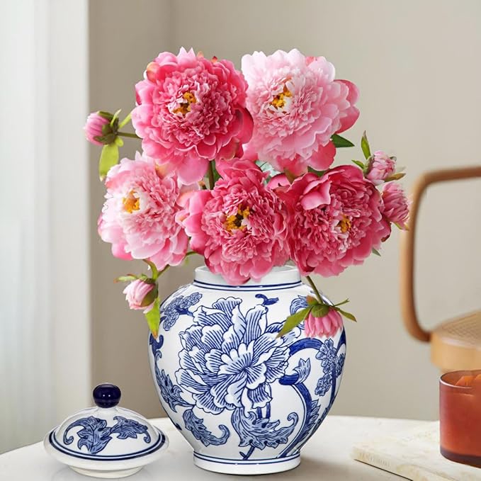 Blue and White Vase Ginger Jar - 8.7" Chinoiserie Decor Ginger Jar Blue & White Porcelain Flowers Ceramic Covered Jars with Lid Chinoiserie Decorative Vase for Home Room Office Tabletop Centerpieces