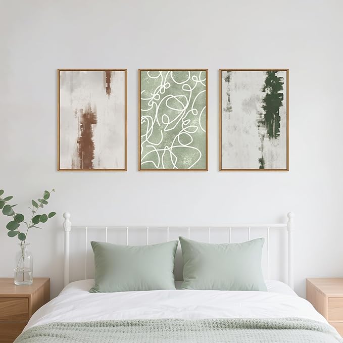 Aryroi Large Abstract Green Brown Geometric Framed Canvas Wall Art Set,Minimalist Neutral Brush Stroke Wall Decor,Modern Watercolor White Curved Lines Artwork For Living Room,Bedroom,Office-16 x24 x3