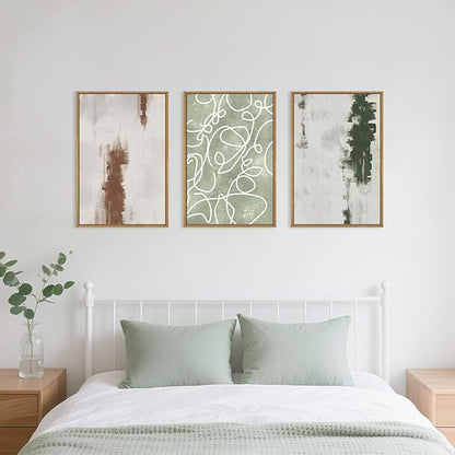 Aryroi Large Abstract Green Brown Geometric Framed Canvas Wall Art Set,Minimalist Neutral Brush Stroke Wall Decor,Modern Watercolor White Curved Lines Artwork For Living Room,Bedroom,Office-24 x36 x3