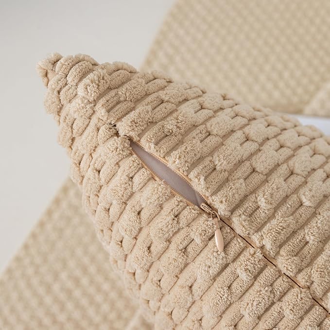 Kevin Textile 16x24 Inch Pillow Cover 1 Pack Boho Decorative Soft Striped Corduroy Lumbar Farmhouse Solid Color Accent Rectangle Cushion Case for Living Room Couch Sofa Bed, Beige