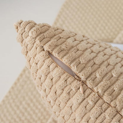 Kevin Textile 16x24 Inch Pillow Cover 1 Pack Boho Decorative Soft Striped Corduroy Lumbar Farmhouse Solid Color Accent Rectangle Cushion Case for Living Room Couch Sofa Bed, Beige