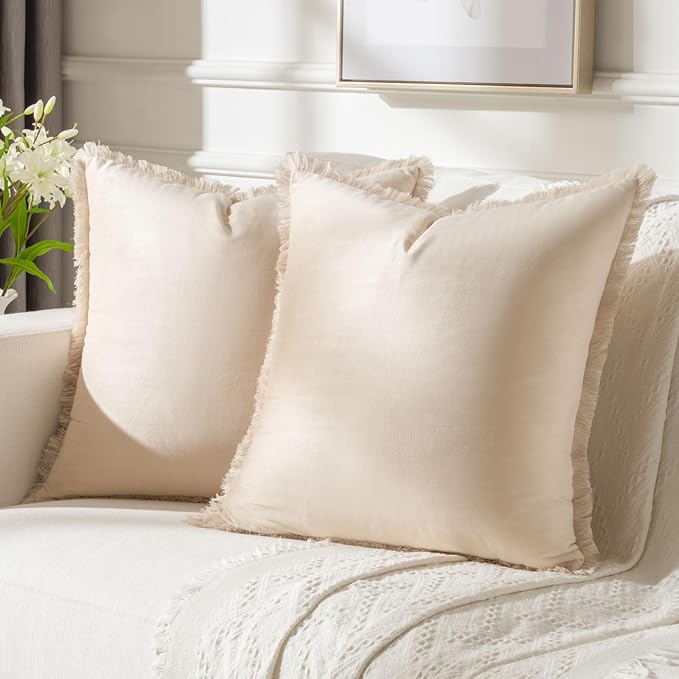 FUTEI Beige Velvet Decorative Throw Pillow Covers 18x18 Set of 2,Soft Cozy Edge with Tassels Cushion Case,Boho Modern Home Decor for Couch Bed Living Room