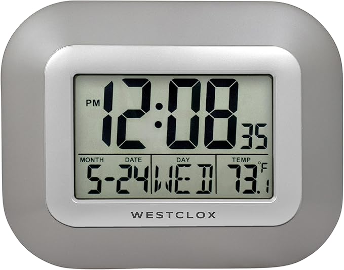 Westclox Large Digital Wall Clock with Date, Day & Temperature – Battery Operated Digital Clock with Alarm & Snooze, 12/24 Hour Display, Stylish Wall or Desk Clock for Home, Office & Bedroom (Gray)