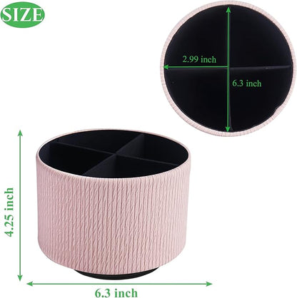 Round Leather Art Supply Organizer,Remote Control Holder,360 Degree Spinning,Multi-Functional Pencil Holder,4 Compartments Desktop Stationary Organizer(1-Wood Pink2)