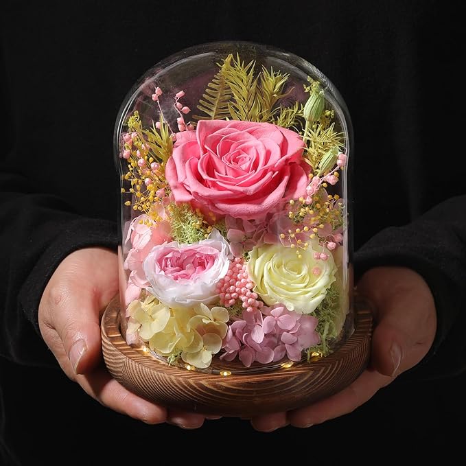 LOVENFOLD Flowers for Delivery Preserved Flowers Pink Roses with LED Light in a Glass Dome,Long Lasting Forever Flowers Birthday Gifts for Women Daughter Mom Wife Friend（Pink Rose）