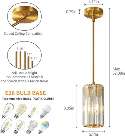 Gold Pendant Lighting Modern Pendant Light Mini Crystal Chandeliers Adjustable Pendant Light Fixture for Kitchen Island Dinning Room Corridor Bedroom (Gold 1-Light)