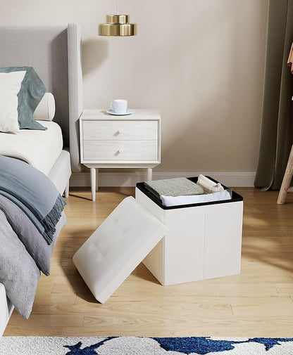 Folding Storage Ottoman Bench, Multi-Functional Ottoman Footrest, End of Bed Bench, Storage Chest for Living Room, Bedroom, Hallway, Entryway, Holds Up to 300 lbs (White, 15 Inches)