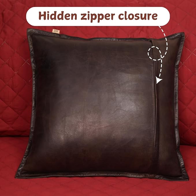 Lambskin Leather Pillow Cover - Sofa Cushion Case - Decorative Throw Covers for Living Room & Bedroom, 20x20 Inches - Dark Brown Crunch Box Pack of 1
