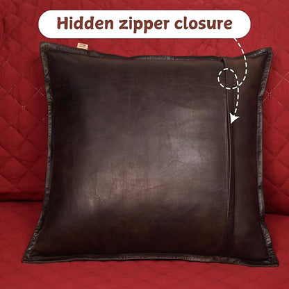 Lambskin Leather Pillow Cover - Sofa Cushion Case - Decorative Throw Covers for Living Room & Bedroom, 18x18 Inches - Dark Brown Crunch Box Pack of 2