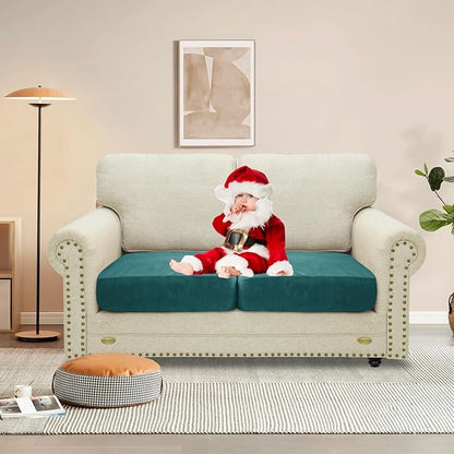 MAXIJIN Velvet Stretch Cushion Covers Couch Cushion Slipcovers Loveseat Sofa Cushion Covers for Individual Cushions with Elastic Bottom (2 Piece Loveseat Cushion Covers, Blackish Green)