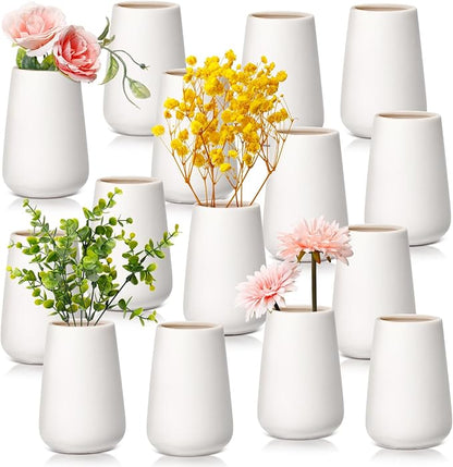 Tioncy 15 Pack White Ceramic Bud Vases Bulk Christmas Decoration 3.9 Inch Boho Small Flower Ceramic Vases for Centerpieces for Dry Flowers Pampas Garss Home Wedding Table Decor(Stylish)