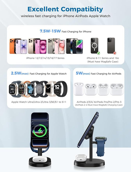 2026 3 in 1 Wireless Charging Station for Apple MagSafe Charger, 15W Fast Magnetic Mag-Safe Charger Stand for iPhone 17 16 15 14 13 12 Apple Watch AirPods Series, Gifts for Men