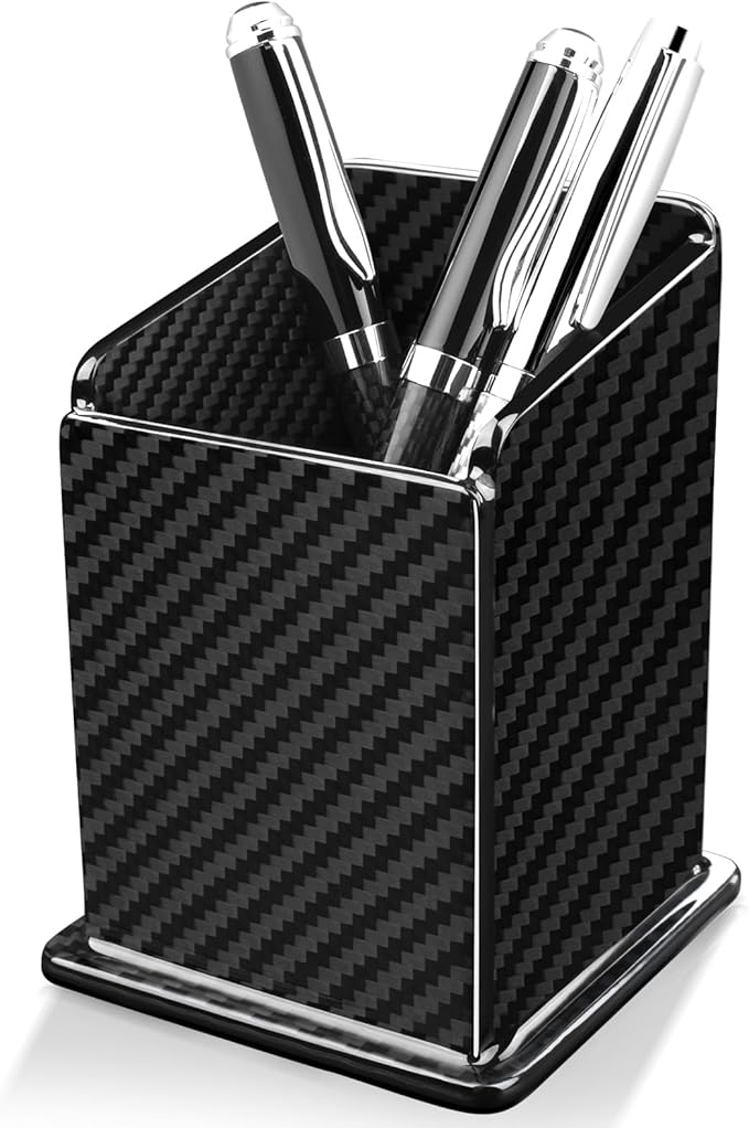 Carbon Fiber Pen Holder Pencil Holder for Desk, Desktop Organizer and Black Pencil Cup for Office, School, Home,Glossy Black