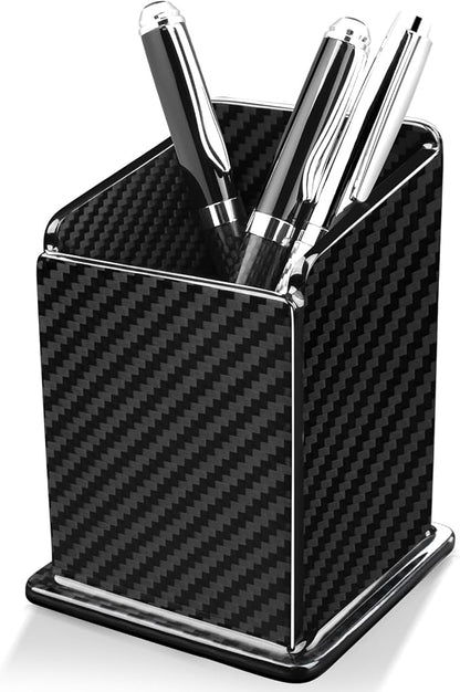 Carbon Fiber Pen Holder Pencil Holder for Desk, Desktop Organizer and Black Pencil Cup for Office, School, Home,Glossy Black