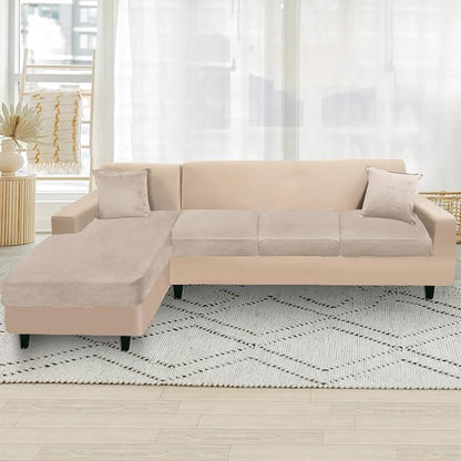NAISI Sectional Couch Cover 4 Pieces Velvet Separate Couch Cushion Covers L Shape Soft Stretch Sofa Slipcovers with 2pcs Pillowcases for Left/Right Chaise Sectional Couch(3 Seater+1 Chaise,Taupe)