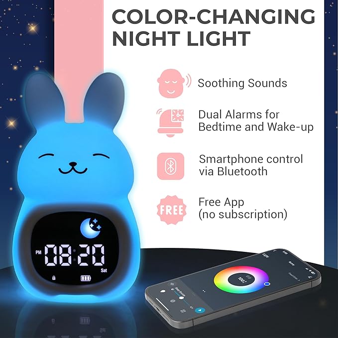Bumble & Bright App-Controlled Kids Sleep Trainer – Color-Changing Night Light Alarm Clock with Sounds, OK-to-Wake Toddler Clock, USB-C Corded with Backup Battery, Gift for Boys & Girls
