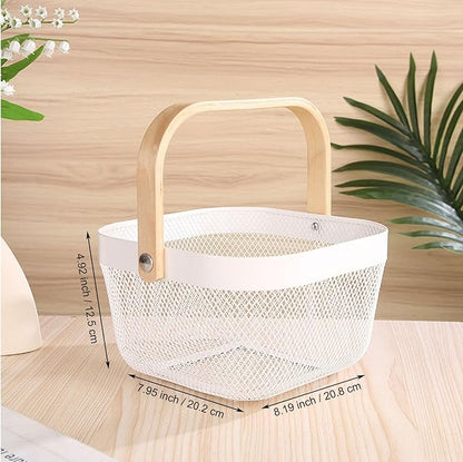 Metal Mesh Wire Basket, Mini Steel Basket with Wooden Handle Storage Organizer Basket Multi-functional Hanging Kitchen Baskets Fruit Baskets for Kitchen Bathroom Cabinet Pantry Snacks, White