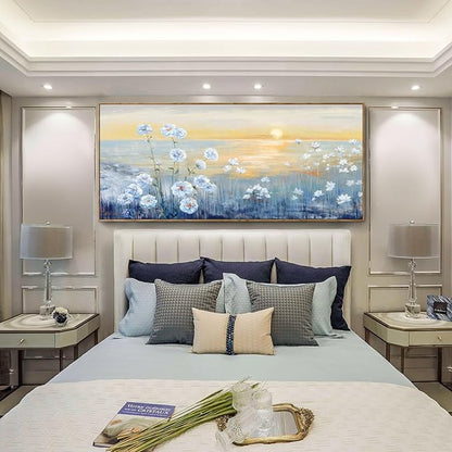 Nicetop Extra Large Framed Blue Ocean Sunset Wall Art Coastal Beach Flowers Canvas Print Sea Sun Natural Seascape Painting Calm Warm Seaside Landscape for Home Bedroom Living Room Office 32x71inch