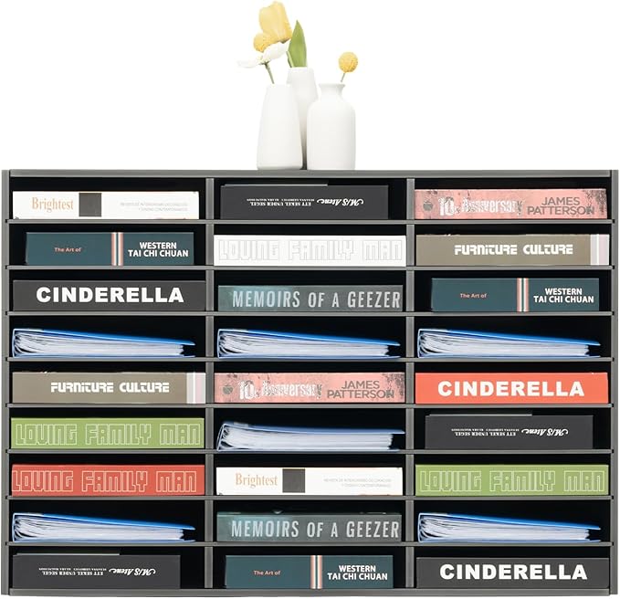Literature Organizer with 27 Compartments | Adjustable Desktop File Sorter Mail Center for Home, Office & Classroom | PVC Paper Storage Cabinet with Shelves, Black