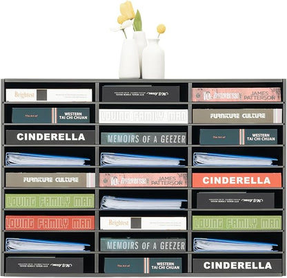Literature Organizer with 27 Compartments | Adjustable Desktop File Sorter Mail Center for Home, Office & Classroom | PVC Paper Storage Cabinet with Shelves, Black