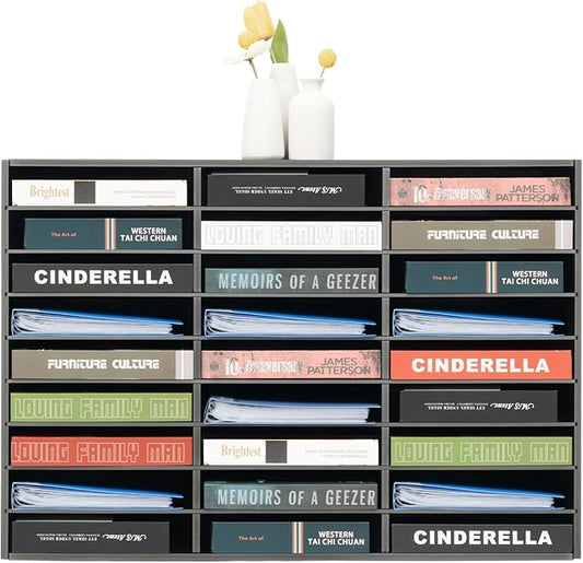 Literature Organizer with 27 Compartments | Adjustable Desktop File Sorter Mail Center for Home, Office & Classroom | PVC Paper Storage Cabinet with Shelves, Black