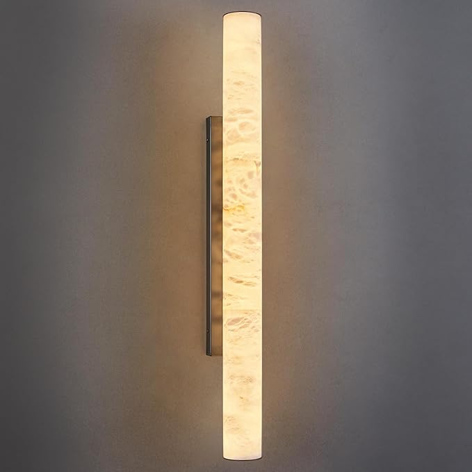 LMQNINE Natural Alabaster Wall Sconces Spanish Marble Wall Light Cylinder Modern Black LED Sconce for Living Room Bedroom Bathroom Stairs（L-1Pack）