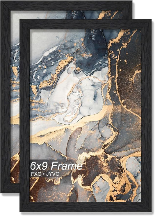 Engineered Wood 6x9 Picture Frame Set of 2, Black Frame for 6 x 9 Inch Picture Poster Photo, Light Weight 6 by 9 Frame with Wood-grain for Wall - 2 Pack/Black/6"x9"