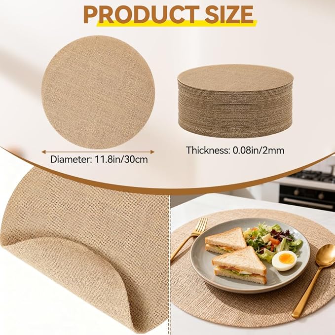 Burlap Round Braided Placemats Set of 12 for Dining Tables, 11.81Inch Reusable Heat Resistant Jute Table Mats Rustic Table Decorations for Dinner Holiday Farmhouse Decor