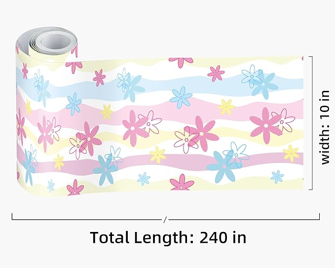 FLFK Wallpaper Border, Rainbow Flowers Peel and Stick Wall Border Self Adhesive Wall Paper Borders for Bedroom Living Room Girl's Room Kitchen Bathroom 10"x240"