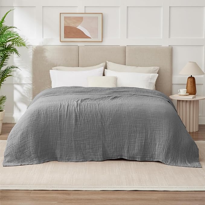 100% Cotton Muslin Blanket Queen 90" x 90", 6 Layers Breathable and Lightweight Cotton Throw Blanket for Bed, Soft Quilt Bedspread Coverlet, Gauze Blanket for Adults All Season, Grey
