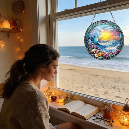 Rngmsi Stained Glass Window Hanging, 7.8″ Clouds and Sea Waves Sun Catchers with Hook Indoor Window Decor, Decorative Suncatchers Hanging Ornaments Home Garden Art Gift for Housewarming