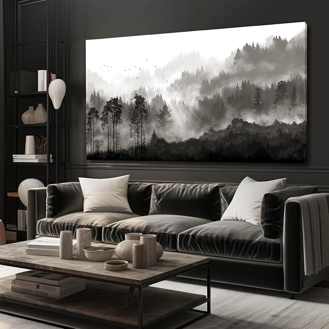 YJYart Landscape Wall Art Black Forest Tree Painting for Bedroom Living Room Kitchen Office Well Decoration Ready to Hang 24x48 Inches